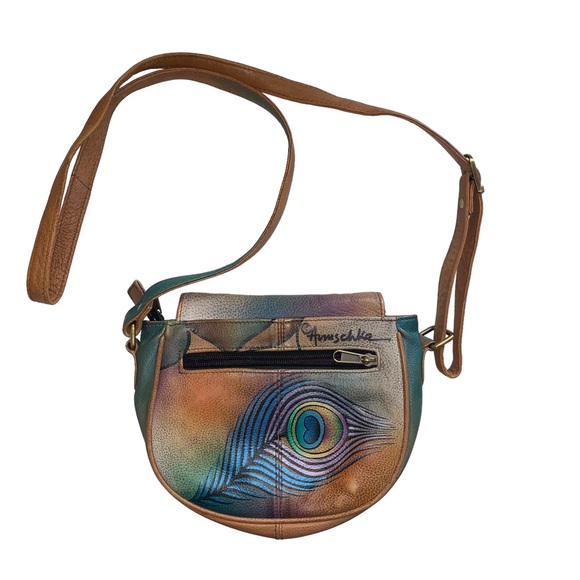 Anuschka Hand Painted Crossbody Saddle Bag Peacock Lily Purse - Picture 6 of 12